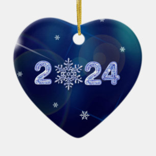Gott nytt år 2024. Isnummer och snöflummel Julgransprydnad Keramik
