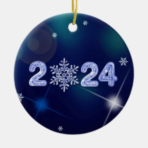 Gott nytt år 2024 Issnummer och snöflingor Julgransprydnad Keramik