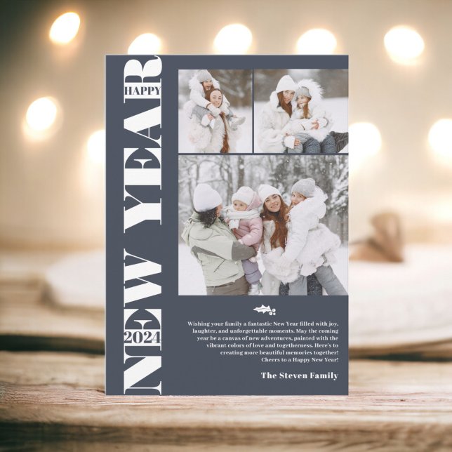 Gott nytt år 2024, modern, 3 foton blå julkort (Happy New Year 2024 modern festive 3 photos blue Holiday Card)