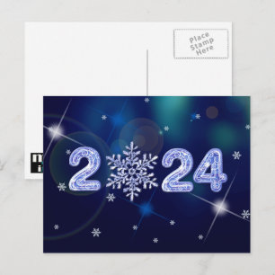 Gott nytt år 2024. Snowflake and Ice Numbers Helg Vykort