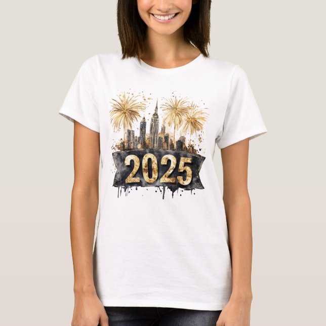 Gott nytt år 2025 Black and Guld, Fireworks T Shirt (Framsida)