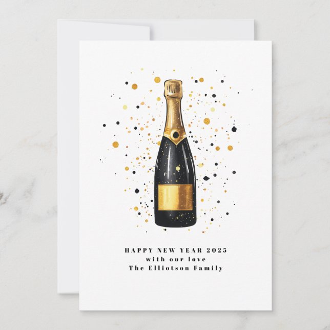 Gott Nytt År 2025 Bubbly Guld Svart Julkort (Framsida)