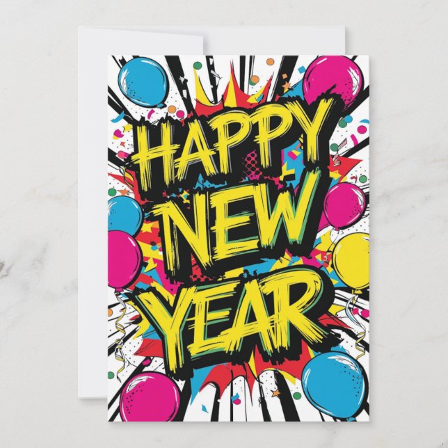 Gott nytt år 2025 Färgglad explosiv Pop Art  Julkort (Framsida)