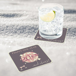 Gott nytt år 2025 nyårsafton rosa cocktailparty underlägg papper kvadrat