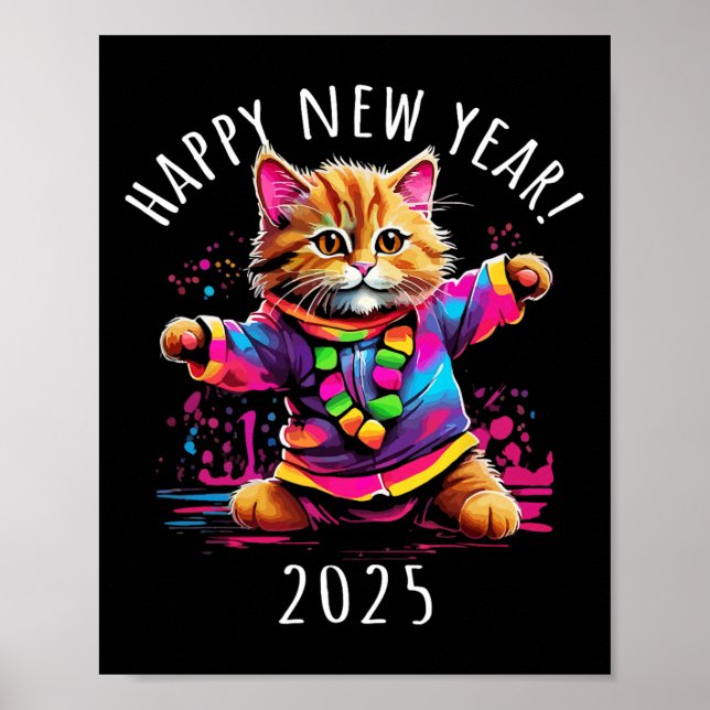 Gott nytt år 2025 Party: Dansa kattdesign Poster (Framsidan)