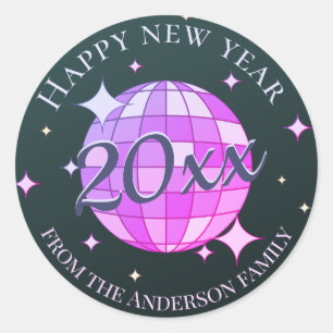 Gott nytt år 2025 svart lila rosa runt klistermärke