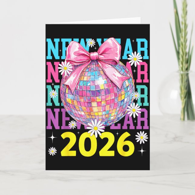 Gott Nytt År 2026 Coquette Bow & Disco Ball Kort (Framsida)