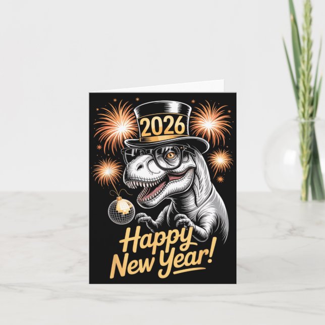 Gott Nytt År 2026 Dinosaur Rollig T-rex Tröja För  Tack Kort (Framsida)