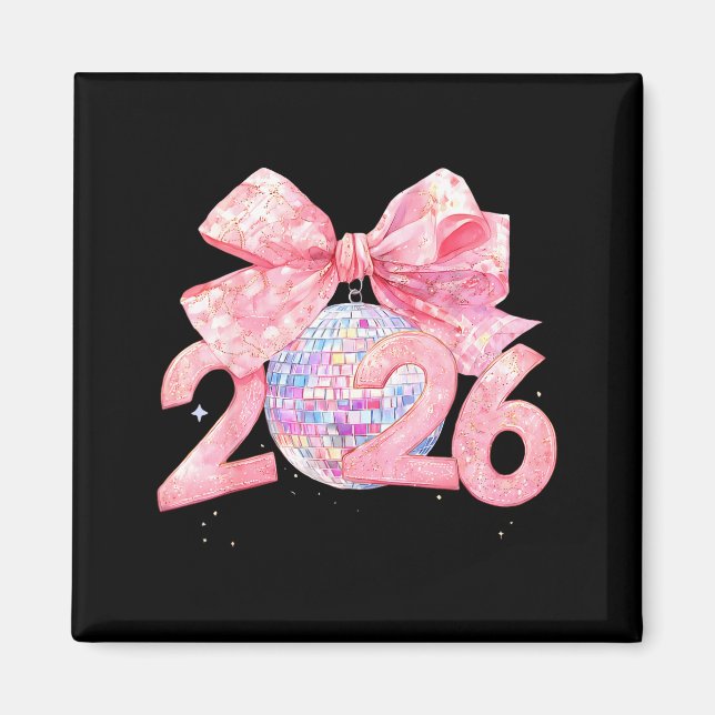 Gott nytt år 2026 Disco Boll Nk Coquette Båge Fam Magnet (Framsidan)