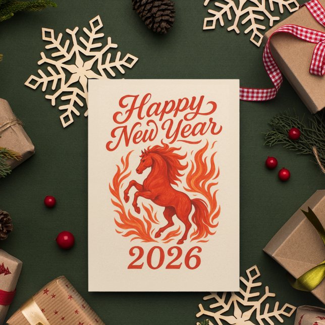 Gott nytt år 2026 Fiery Horse Helg Vykort (Chinese New Year Card 2026 - Year of the Fire Horse)