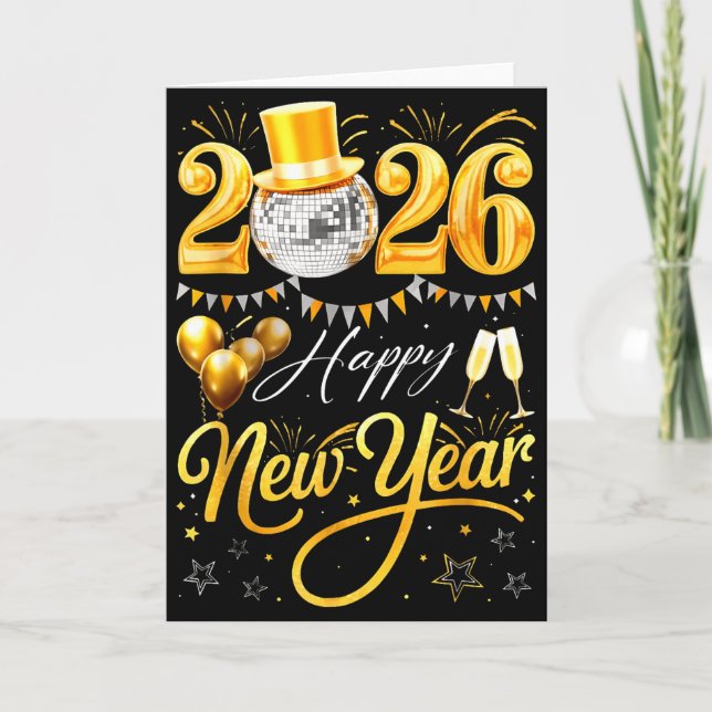 Gott nytt år 2026 Guld Hatt Disco Boll Ballong Ce Kort (Framsida)