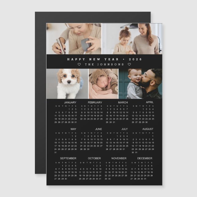 Gott nytt år 2026 Kalender Foto Collage svart (Fram/baksida)
