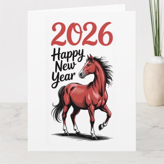 Gott nytt år 2026 Kort Röd Häst Illustration (Framsida)