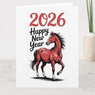 Gott nytt år 2026 Kort Röd Häst Illustration