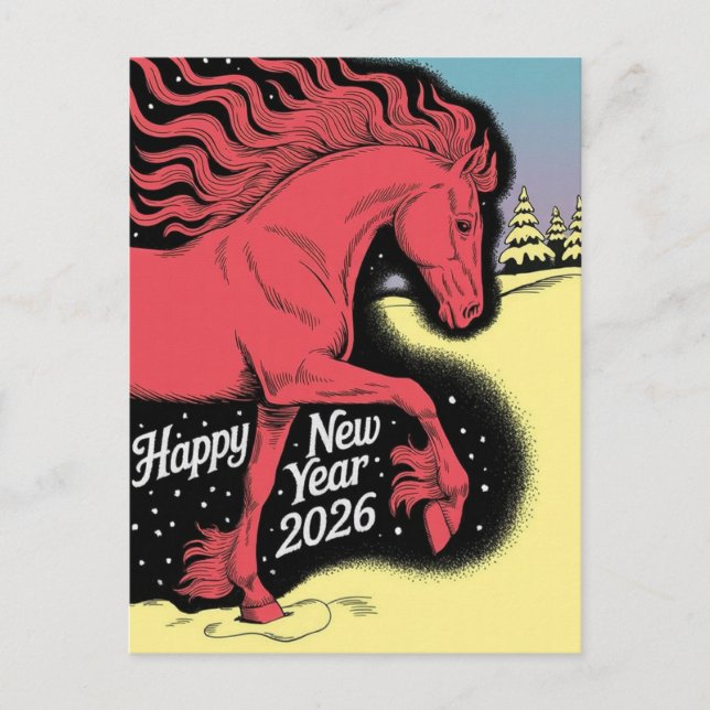 Gott nytt år 2026 Kort Röd Häst Kort (Framsida)