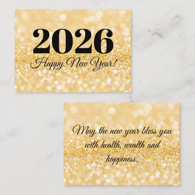 gott nytt år 2026: minimalistisk guld glitter anteckningskort (Fram/baksida)