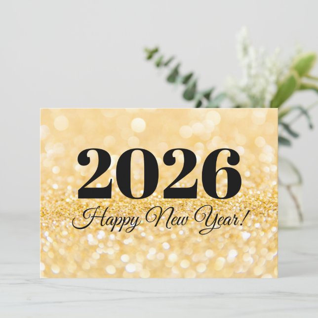 gott nytt år 2026: minimalistisk guld glitter anteckningskort (Stående Fram)