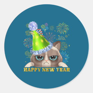 Gott nytt år 2026 Rolig katt Nyårsmössa G Runt Klistermärke
