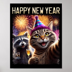 Gott nytt år 2026 Söt katt tvättbjörn firande Poster