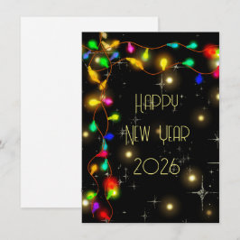 Gott nytt år 2026, stjärnor och belysningsgirlande julkort