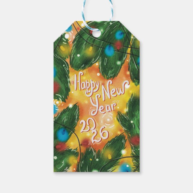 Gott nytt år 2026 Tallgrenar & Ljus Presentetikett (Framsidan)