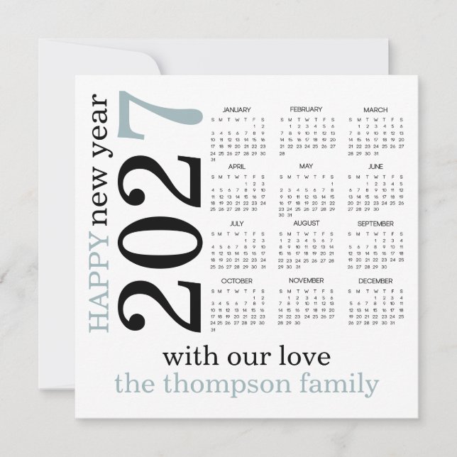 Gott nytt år 2027 Blå vit kalender  Julkort (Framsida)