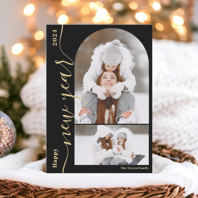 Gott nytt år 3-fotobåge, modernt skript guld julkort (Happy New Year 3 photo arch modern script gold Holiday Card)