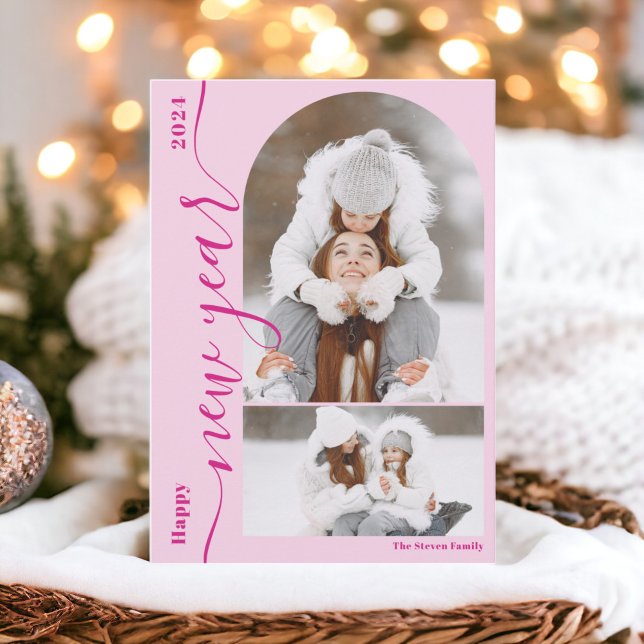 Gott nytt år 3-fotomatare, modernt skript shock ro julkort (Happy New Year 3 photo arch modern script hot pink Holiday Card)