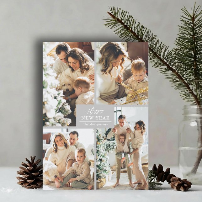 Gott Nytt År 4 Foto Collage Julkort (Happy New Year grey 4 photo collage grid holiday cards, PRINTED and/or INSTANT DOWNLOAD)