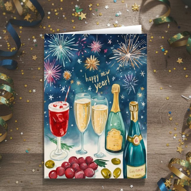GOTT NYTT ÅR Akvarell Glada Fyrverkerier Helgkort (HAPPY NEW YEAR Watercolor Bubbly Fireworks Holiday Greeting Card
)