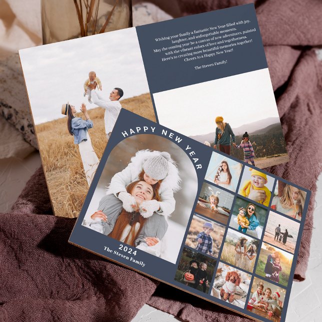 Gott nytt år-bågåret i recension 15 foton blått julkort (Happy New Year arch year in review 15 photos blue Holiday Card)