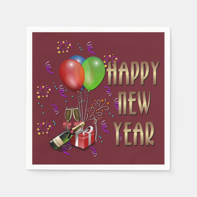 Gott nytt år Ballonger och champagneblöjor Pappersservett (Framsidan)