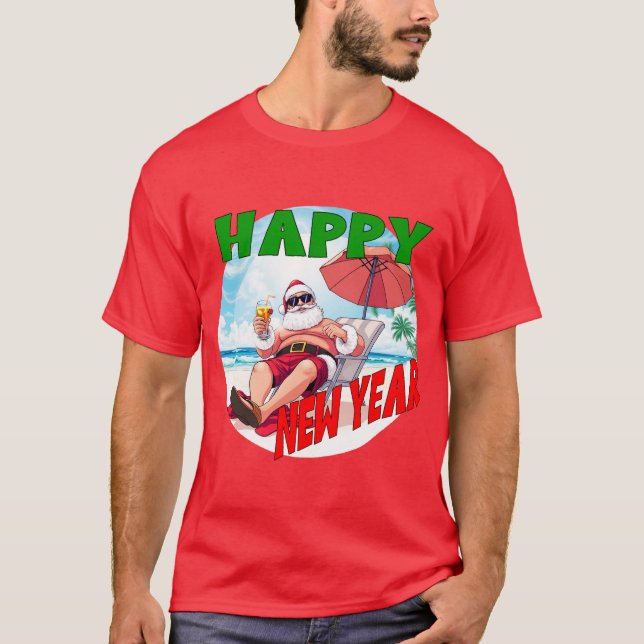 Gott nytt år Beach Santa T Shirt (Framsida)