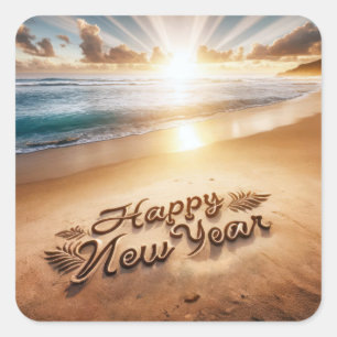 Gott nytt år Beach Sunrise Fyrkantigt Klistermärke