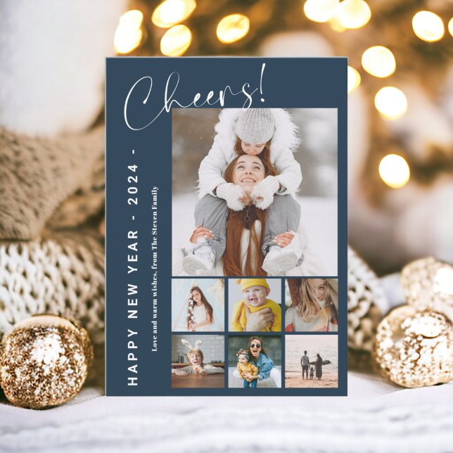 Gott nytt år-beställning år i recension 9 fotoblåt julkort (Happy New Year cheers year in review 9 photo blue Holiday Card)