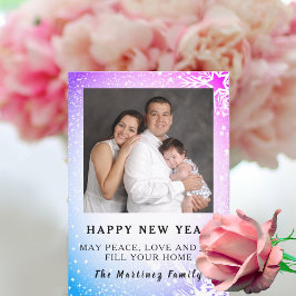 Gott Nytt År Blå & Lila Snöscen Familj Julkort