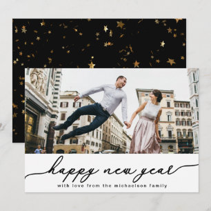 Gott nytt år Black and Faux Guld Confetti Photo Julkort