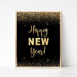 Gott nytt år Black & Guld Glitter Party Poster