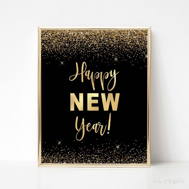Gott nytt år Black & Guld Glitter Party Poster (Happy New Year Party Sign, Black & Gold Glitter Confetti Theme)