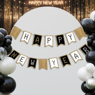 Gott nytt år Black White och Guld Glitter Vimplar