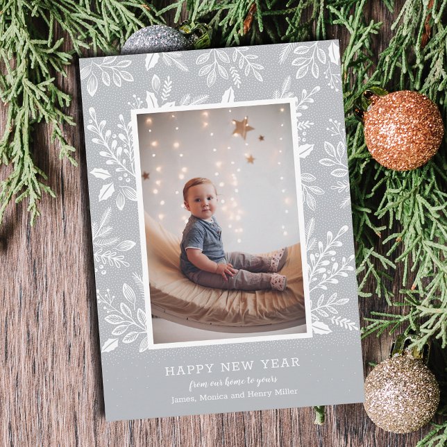 Gott nytt år botanicals on Grått Photo Julkort (Happy New Year botanicals on gray photo cards - Order INSTANT DOWNLOAD and/or PRINTED or both!)