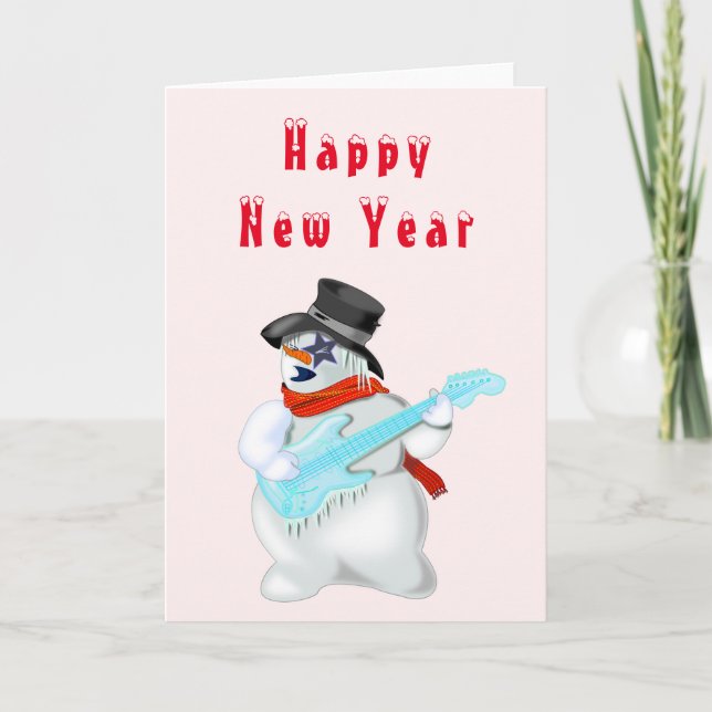 Gott nytt år Card Snögubbe Guitar Player Musical Kort (Framsida)