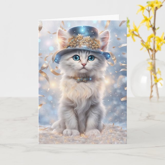 Gott nytt år Cat i Party Hat och Streamers Kort (Gul blomma)
