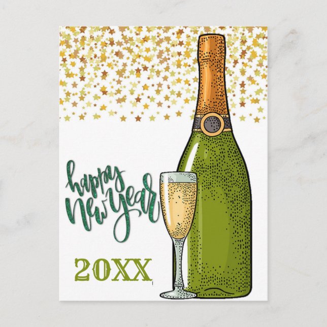 Gott nytt år Champagne och Guld Stars Vykort (Framsida)