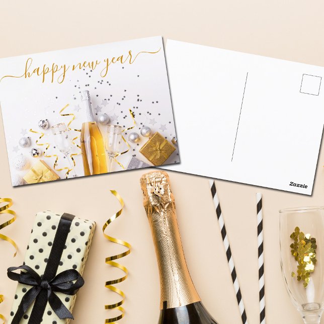 Gott nytt år Chic Guld Champagne Streamers Vykort (Skapare uppladdad)