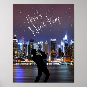 Gott nytt år City Skyline Trumpet Man Stars Poster