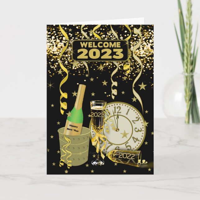 GOTT NYTT ÅR Clock Champagne Confetti 2023 Helgkort (Framsida)