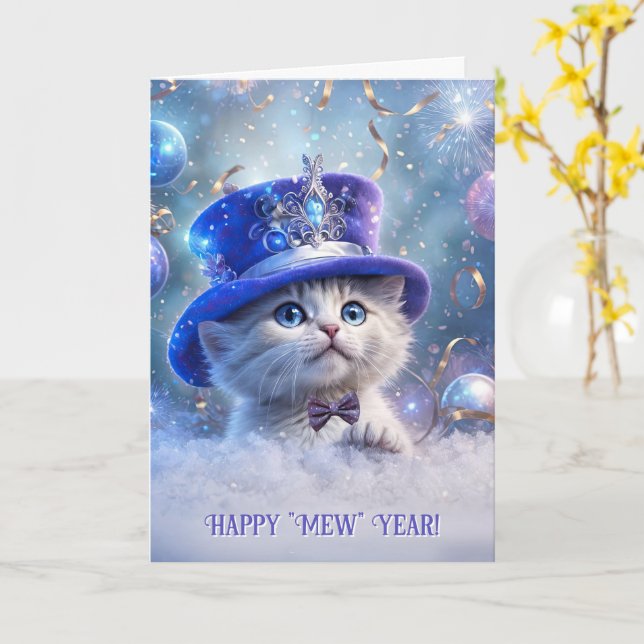 Gott nytt år Cute White Kitten Big Finare Hat Kort (Gul blomma)