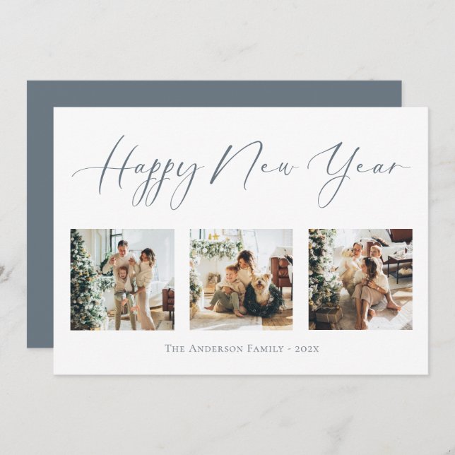 Gott nytt år Dusty Blue Multi Photo Collage Julkort (Fram/baksida)
