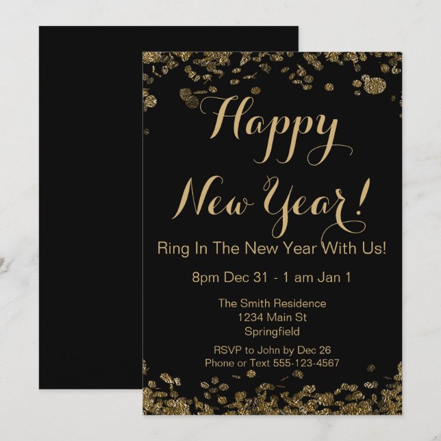 Gott nytt år Elegant Black och Guld Confetti Inbjudningar (Fram/baksida)